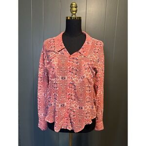 Free People Chiffon Easy Rider Geometric Sz XShirt Button Down BLOUSE TOP‎